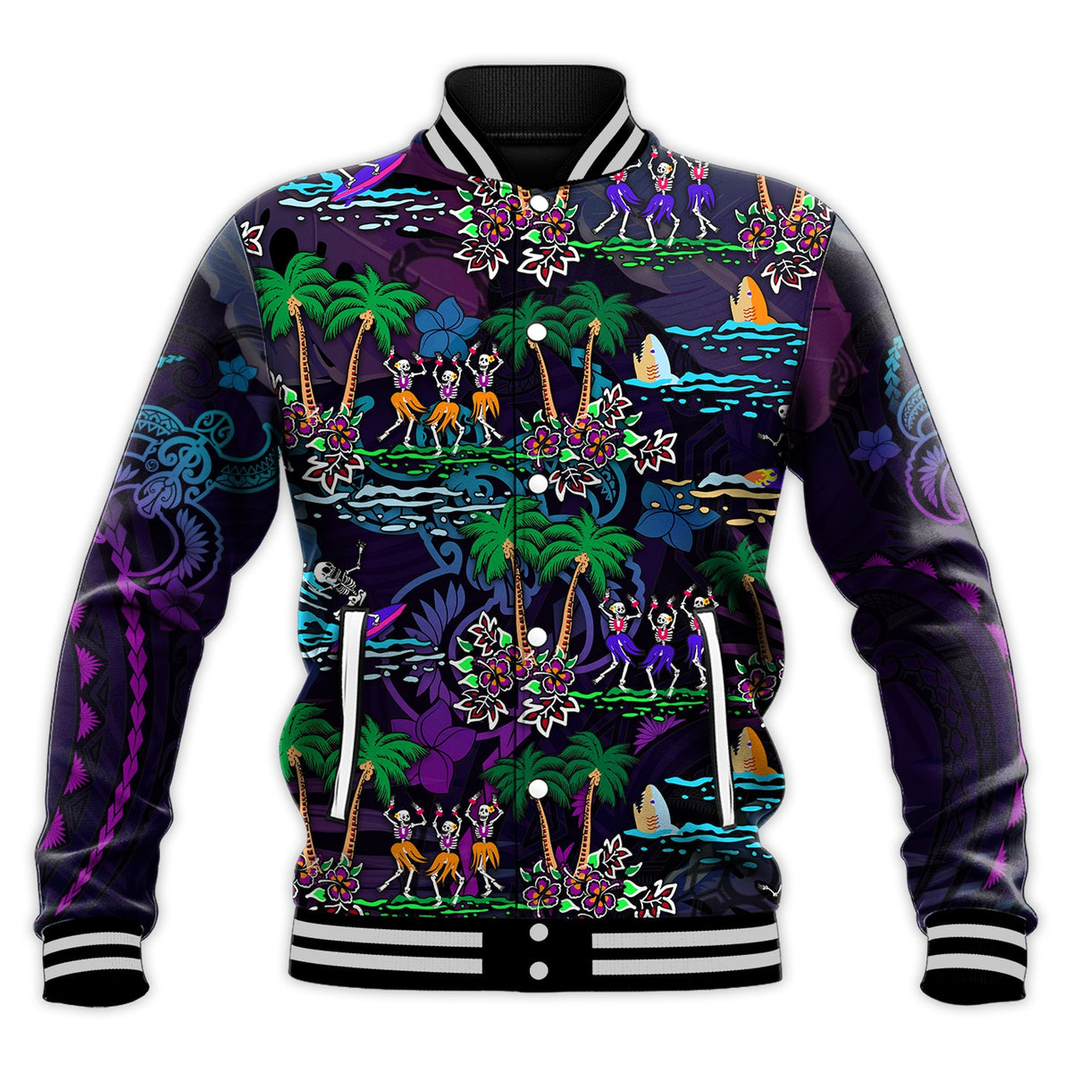 Purple black varsity-style baseball jacket, full front Hawaiian skeleton graphic, snap buttons