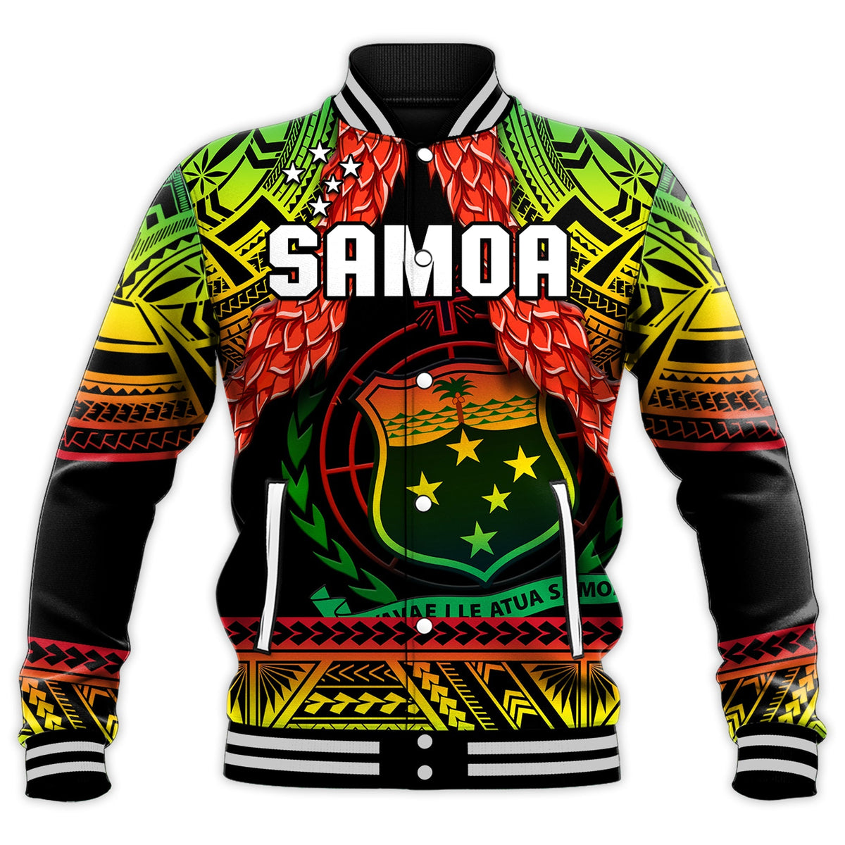 Samoa rugby baseball jacket, front, black sleeves, SAMOA lettering and crest with stars
