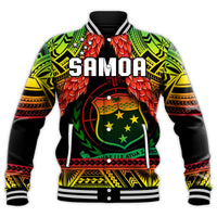 Samoa rugby baseball jacket, front, black sleeves, SAMOA lettering and crest with stars