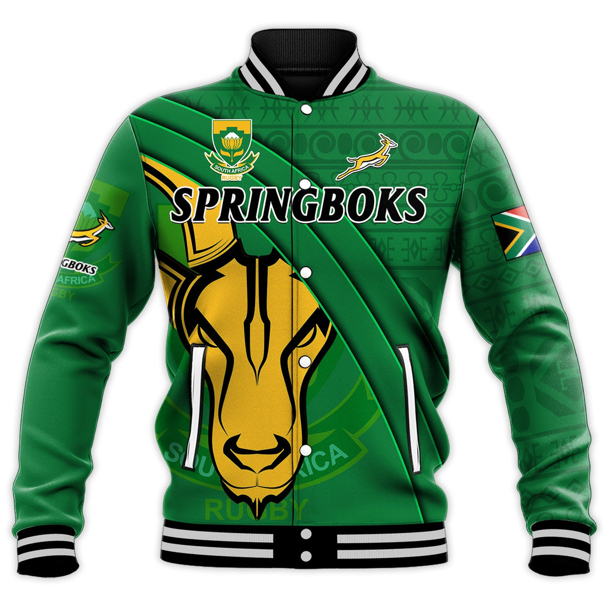Green rugby baseball jacket front view, SPRINGBOKS text and springbok emblem