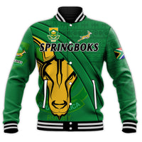 Green rugby baseball jacket front view, SPRINGBOKS text and springbok emblem