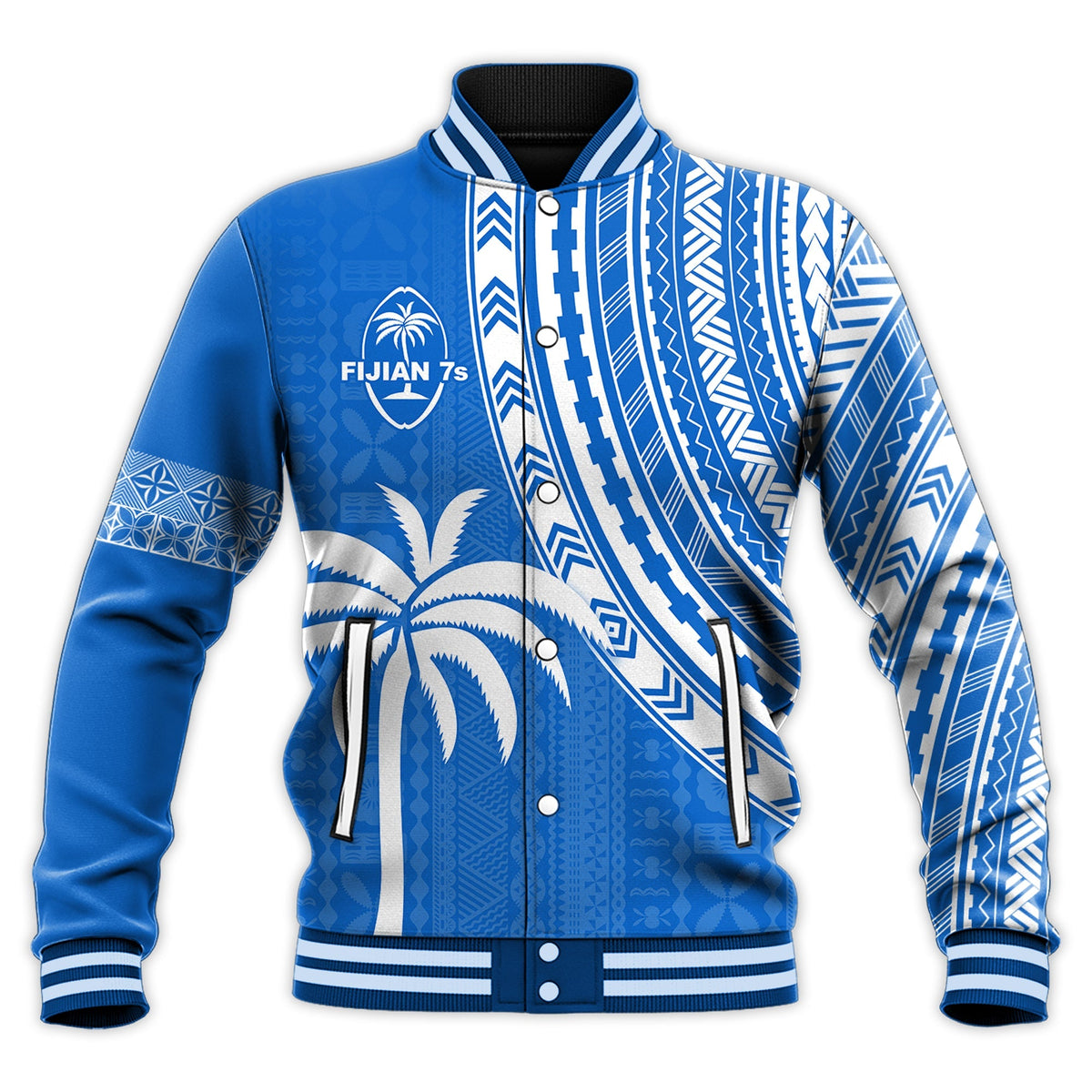 Blue Fiji 7s baseball jacket with white tapa stripes, snap front, ribbed cuffs and hem