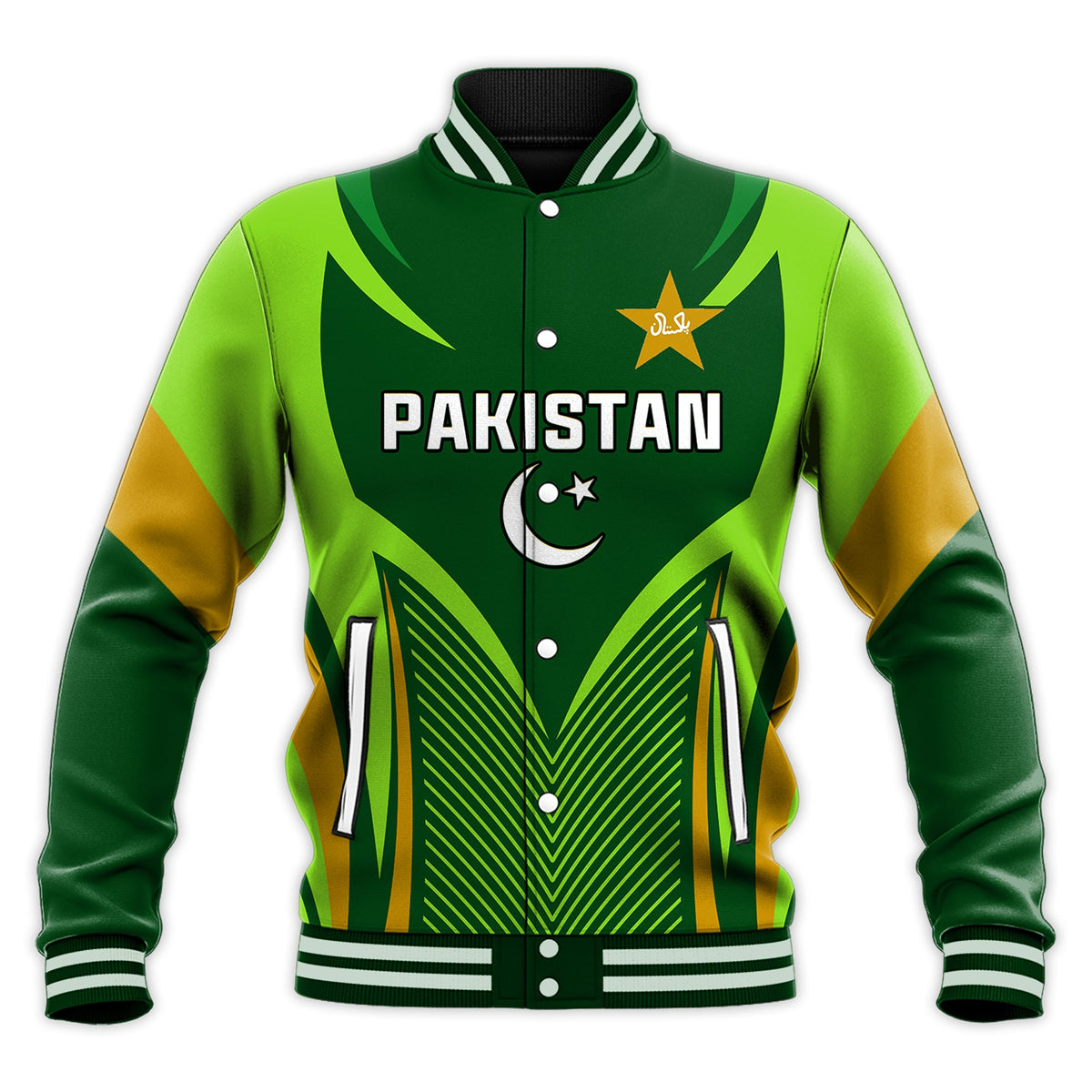 Green Pakistan baseball jacket with star/crescent graphic, ribbed cuffs and hem