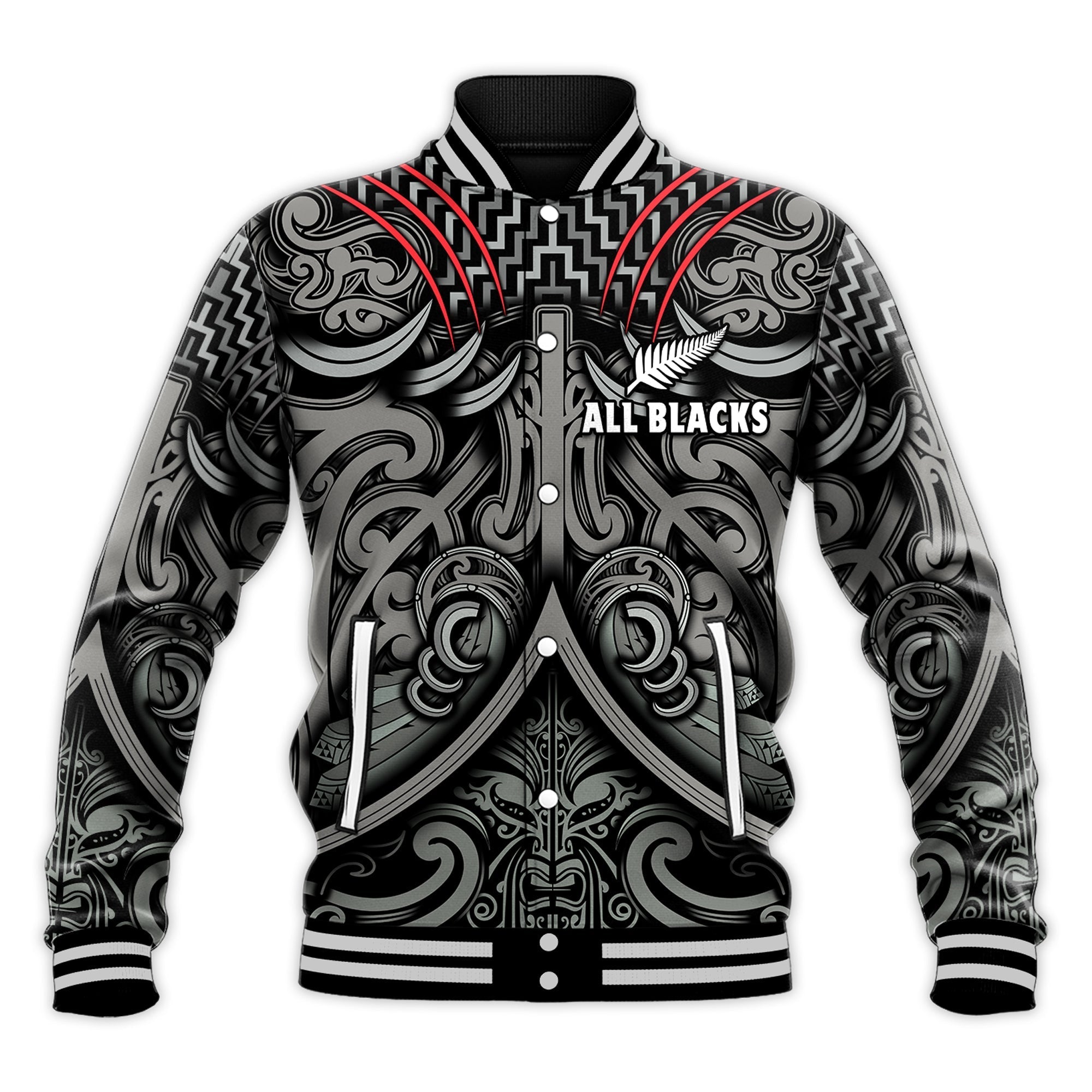 New Zealand Silver Fern Rugby Baseball Jacket All Black NZ Maori Pattern LT13 - Wonder Print Shop