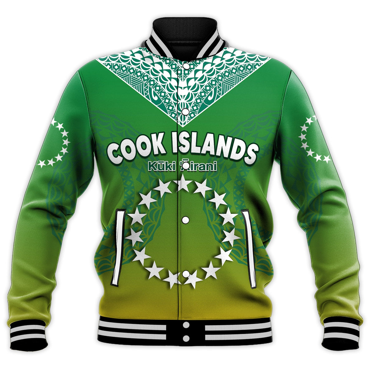 Green unisex baseball jacket, 'COOK ISLANDS' front print, star circle, striped rib collar