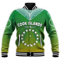 Green unisex baseball jacket, 'COOK ISLANDS' front print, star circle, striped rib collar