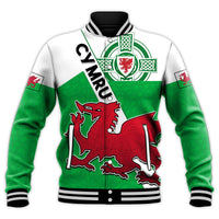 Green/white varsity jacket, Wales dragon crest, celtic knot emblem, front zip