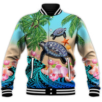 Blue tropical baseball jacket with turtles, starfish, orchids & palm leaves; striped rib collar