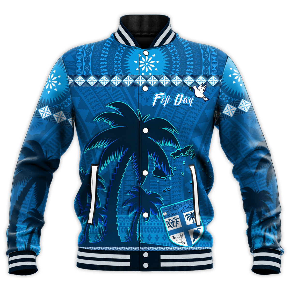 Blue unisex baseball jacket with tapa-style patterns, palm trees, and Fiji Day graphic