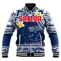 Front view: blue Samoa baseball jacket with plumeria flowers, Samoa text, tribal trim