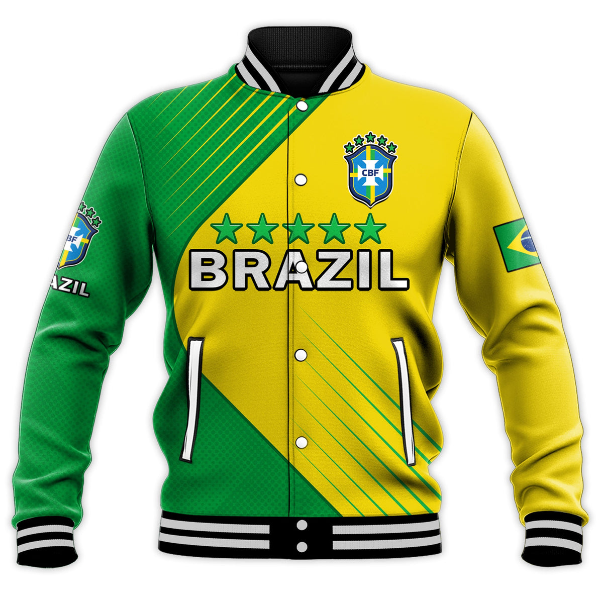 Brazil varsity baseball jacket in yellow and green with CBF crest, stars and BRAZIL text