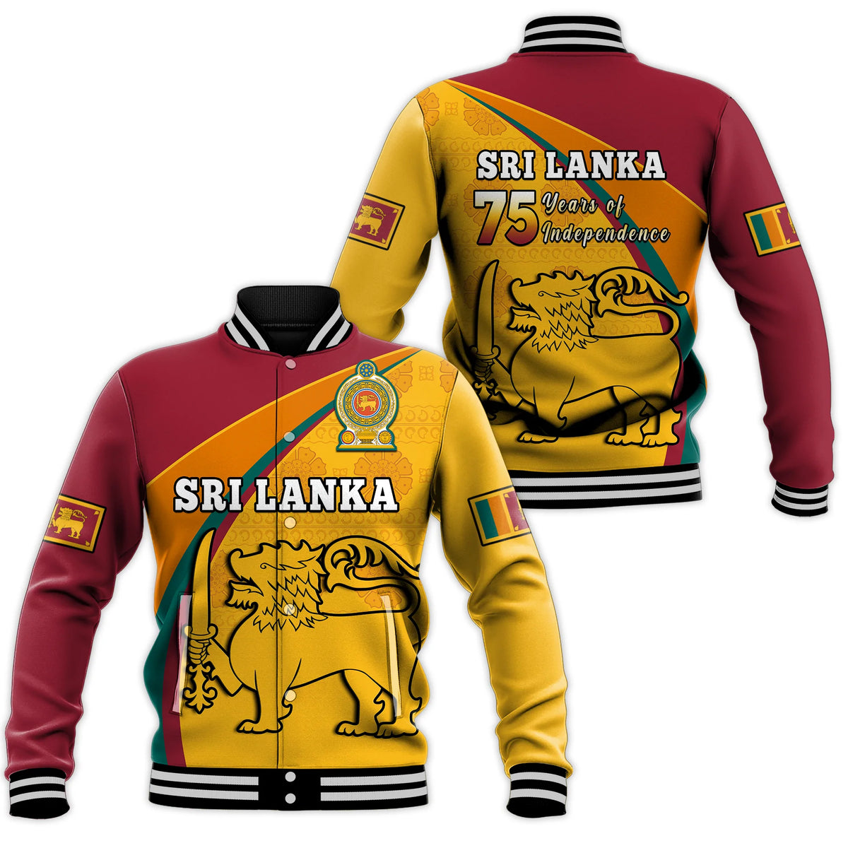Red and gold Sri Lanka baseball jacket with ribbed collar and lion emblem