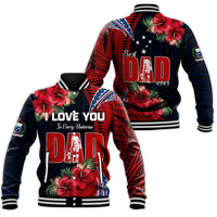 Red and navy baseball jacket with hibiscus print, “Best DAD ever” back and “I LOVE YOU” front