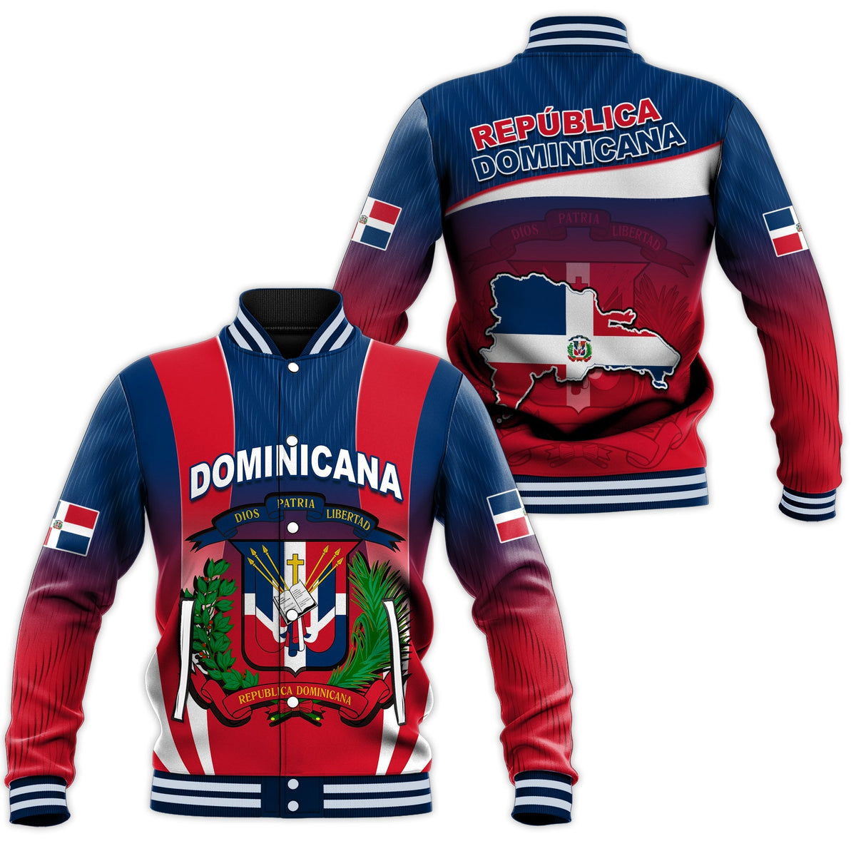 Blue-red Dominican baseball jacket with República Dominicana front print, crest and striped rib trim