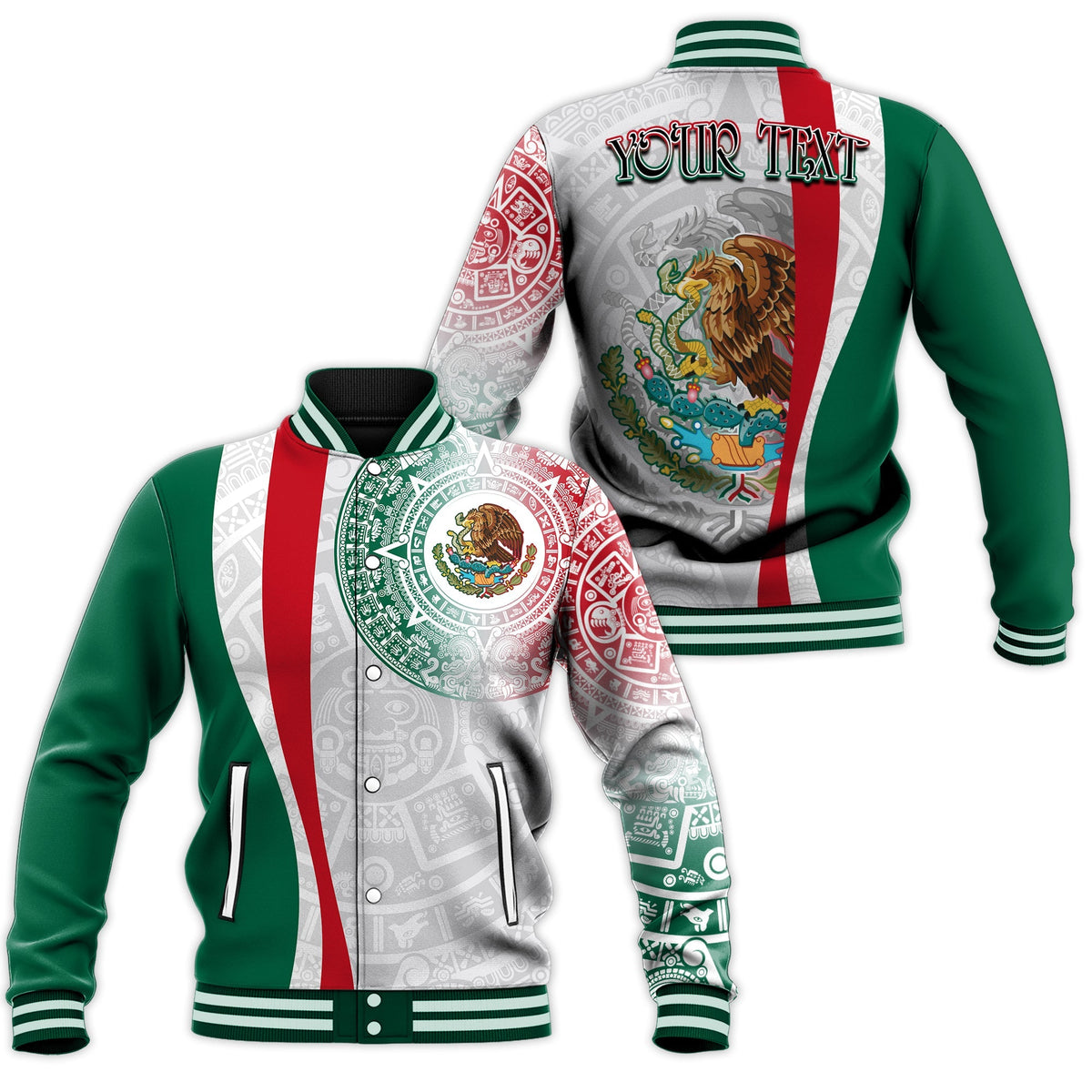 Unisex baseball jacket with white, green, red Mexican eagle and striped Aztec print