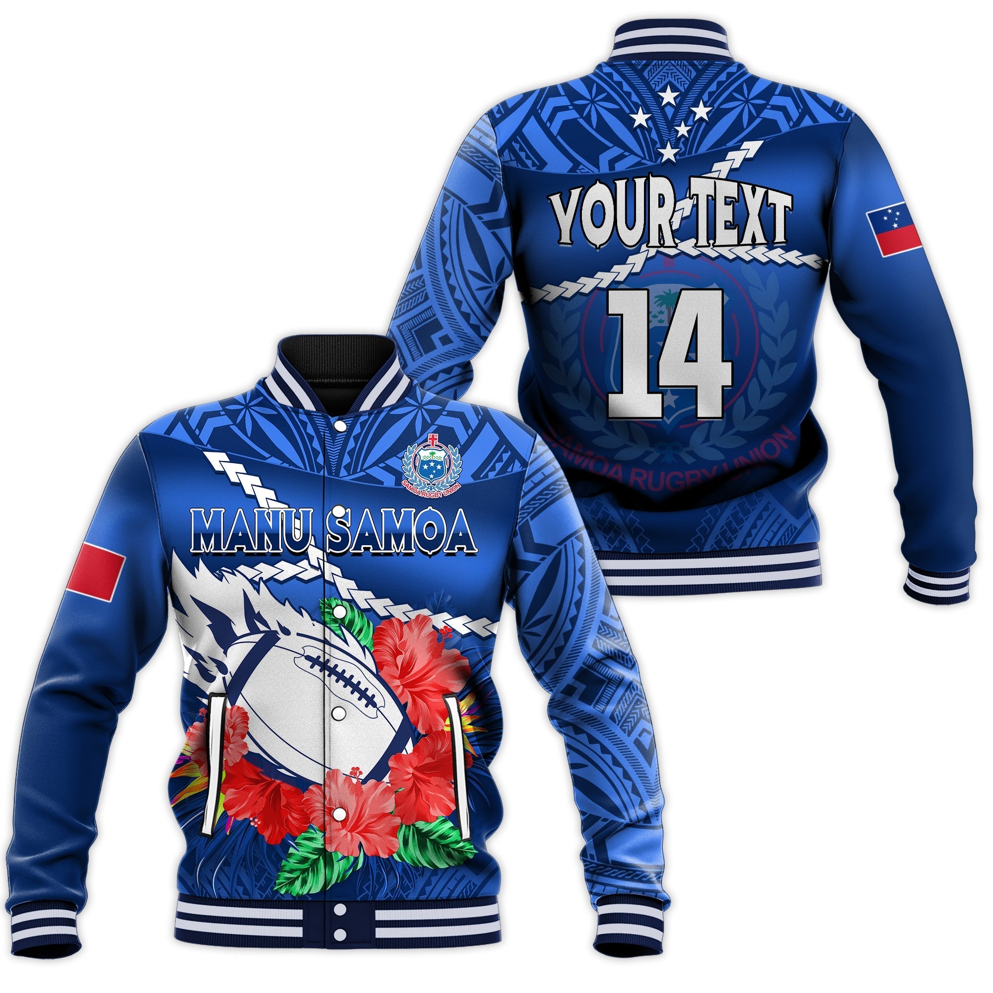 (Custom Text And Number) Samoa Rugby Baseball Jacket Manu Samoa Polynesian Hibiscus Blue Style - Wonder Print Shop