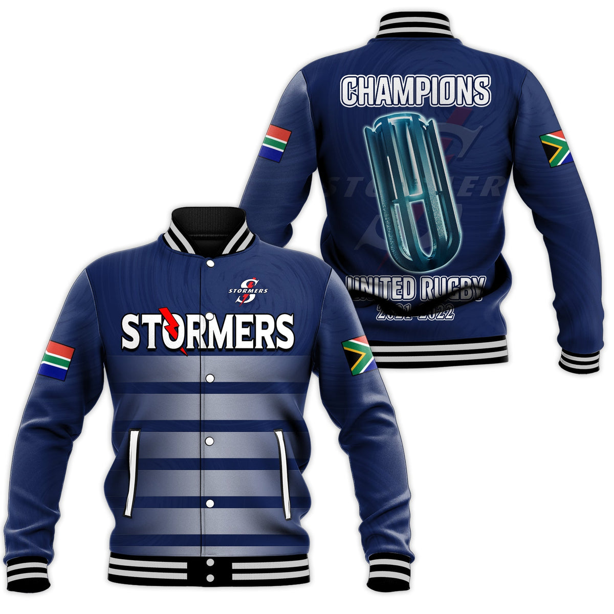 Blue unisex rugby baseball jacket, back print CHAMPIONS and UNITED RUGBY graphic