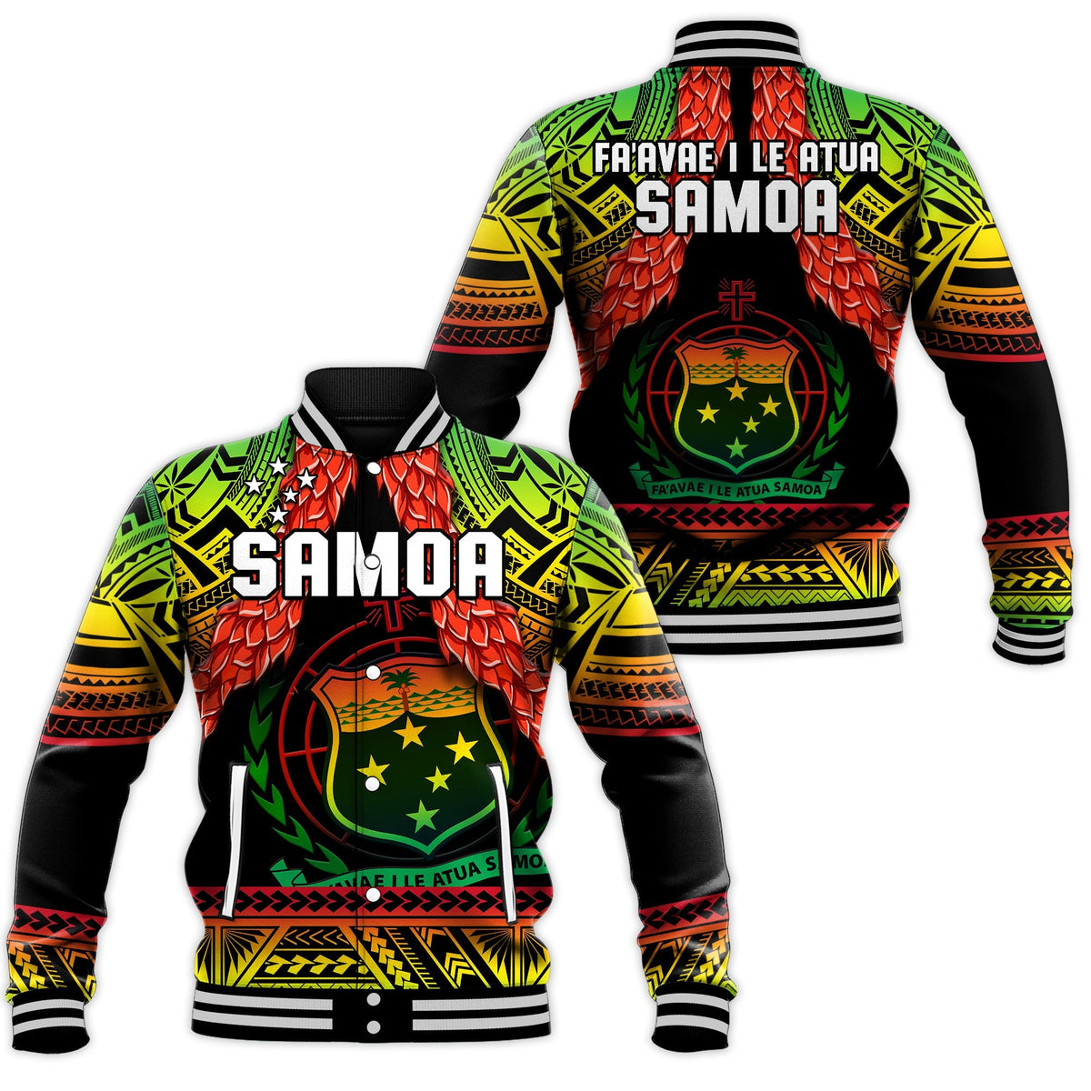 Black Samoa rugby baseball jacket with large back crest, red flowers, green trim