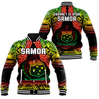 Black Samoa rugby baseball jacket with large back crest, red flowers, green trim