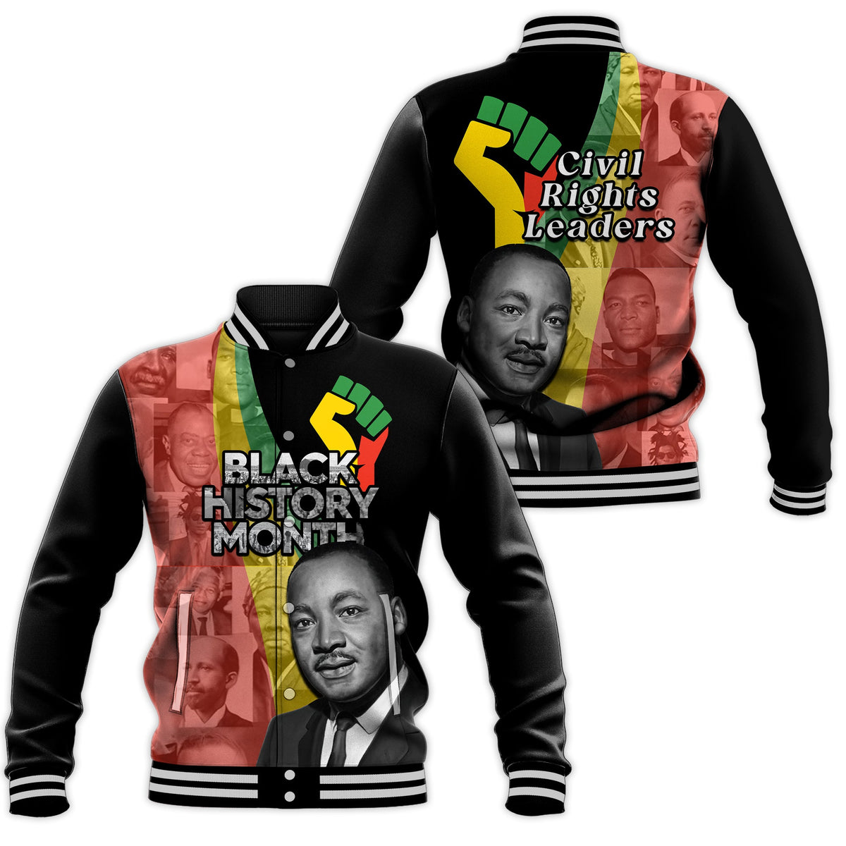Black baseball jacket with Civil Rights Leaders and Black History Month graphic, ribbed collar