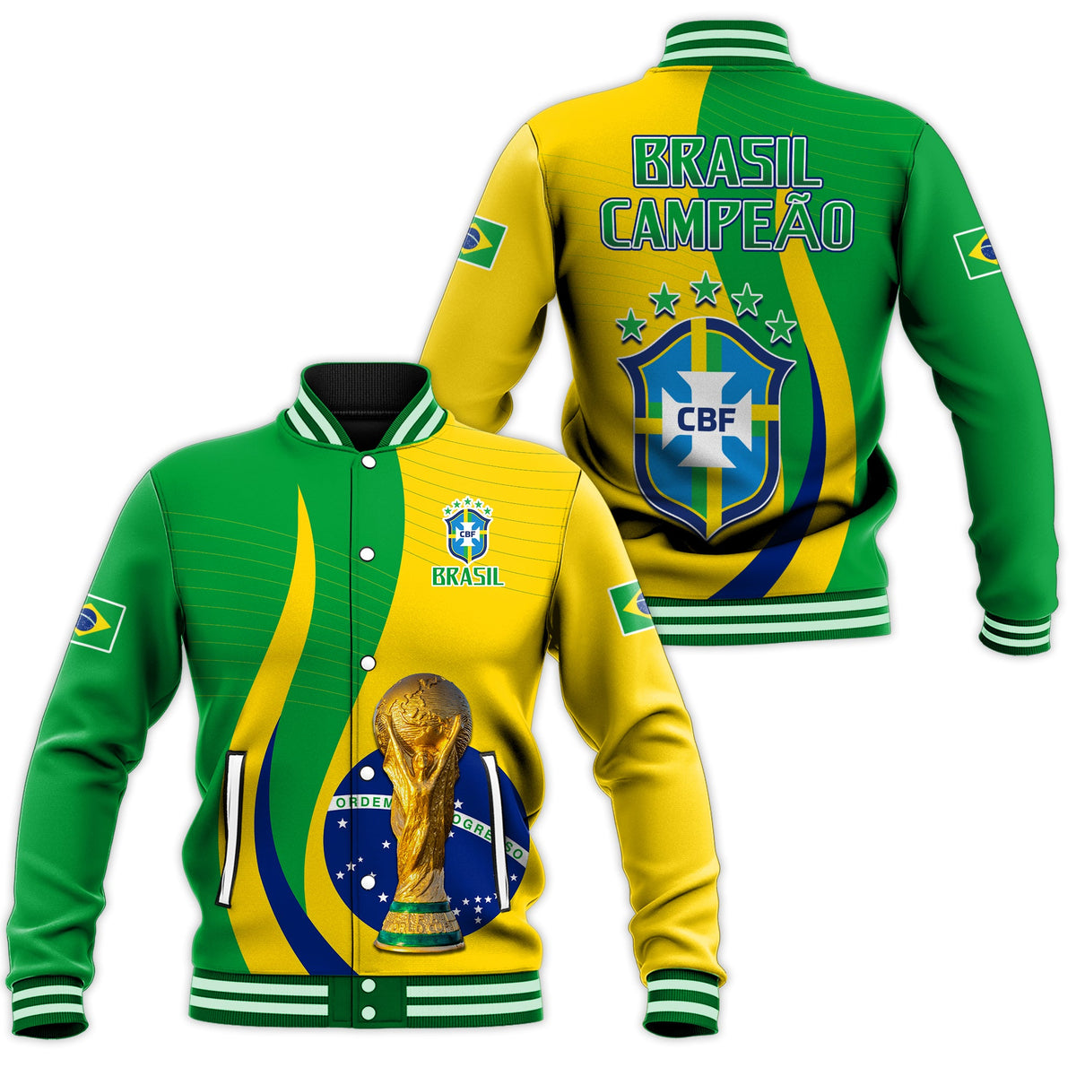 Green and yellow Brazil baseball jacket with ribbed collar, striped cuffs, and BRASIL CBF crest.
