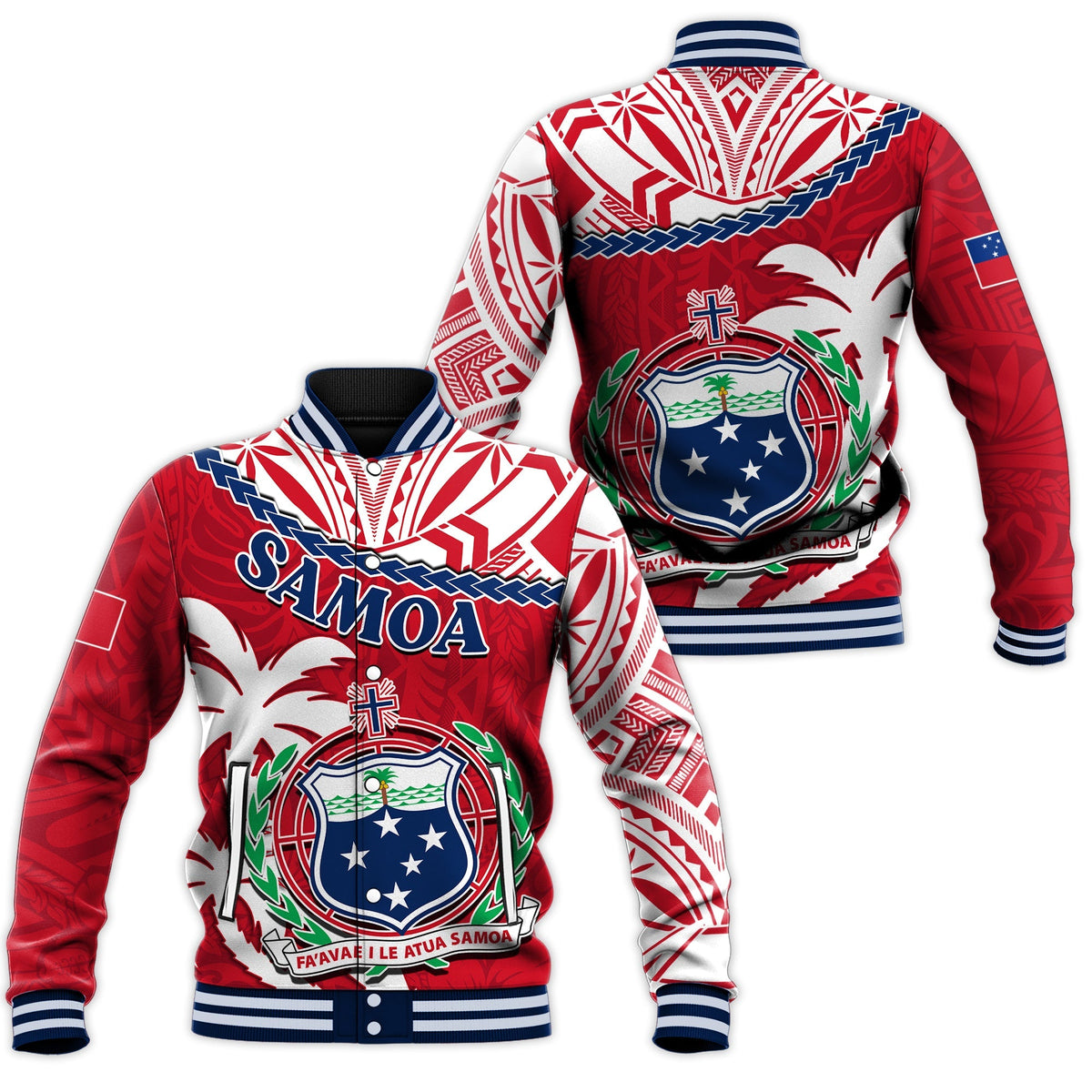 Red baseball jacket with white geometric print, Samoa coat-of-arms crest, striped cuffs