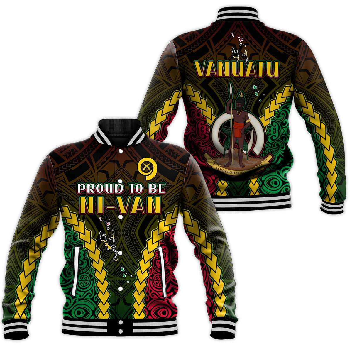 Vanuatu baseball jacket with Proud To Be NI-VAN front and back tribal pattern, black