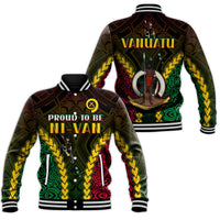 Vanuatu baseball jacket with Proud To Be NI-VAN front and back tribal pattern, black