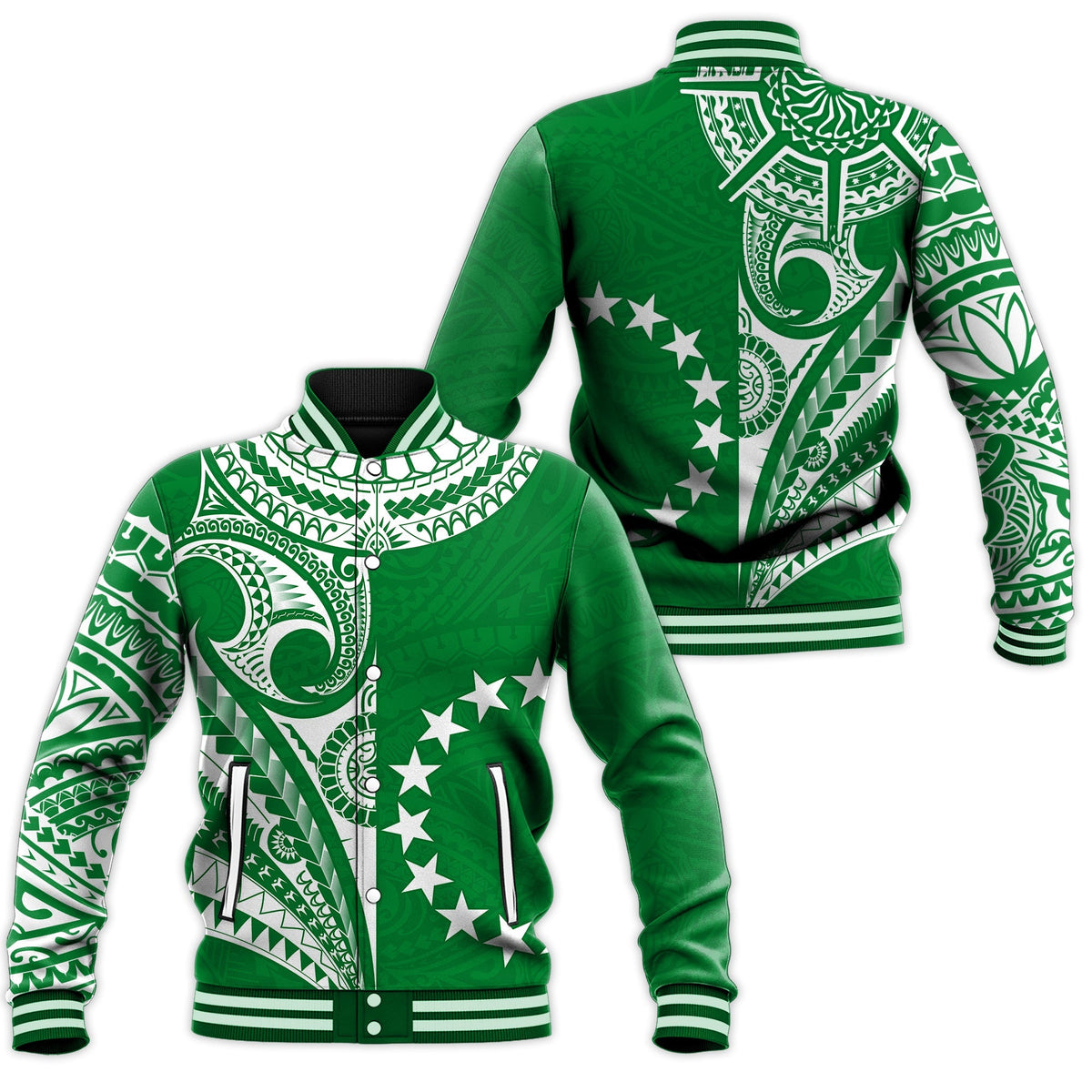 Tatau Baseballjacke in Grün mit weißem Tribal-Print, Sterne, Knopfleiste und Jerseykragen