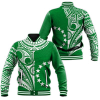 Tatau Baseballjacke in Grün mit weißem Tribal-Print, Sterne, Knopfleiste und Jerseykragen