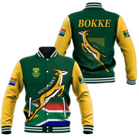 Green baseball jacket with yellow sleeves, ribbed cuffs, BOKKE text and springbok graphic
