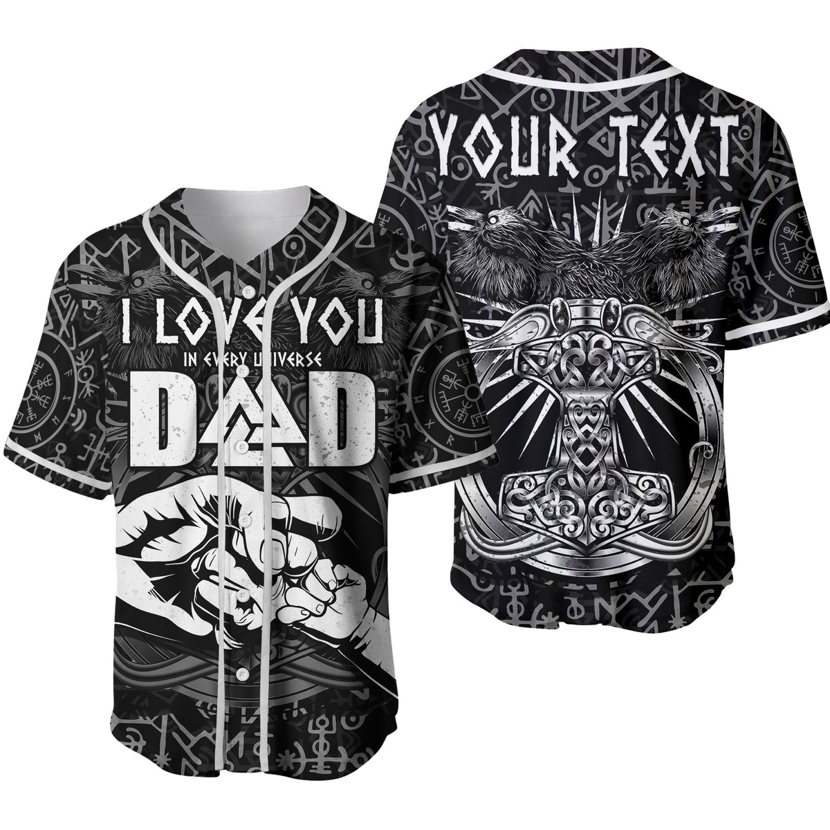 Black baseball jersey with Viking runes, Mjolnir, and 'I LOVE YOU DAD' front print