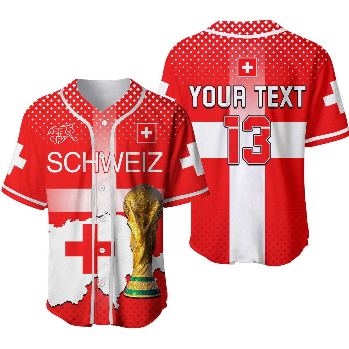 Red and white button-up jersey with Swiss cross, custom text, and number 13 on back.