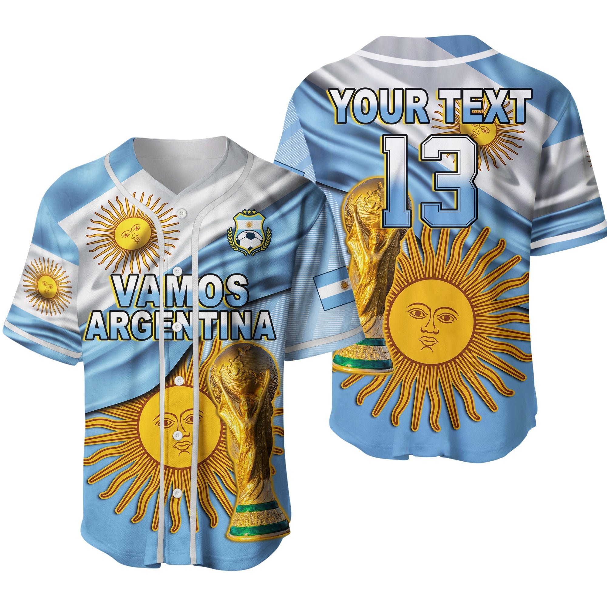 (Custom Text and Number) Argentina Football Baseball Jersey Vamos La Albiceleste Champions World Cup Vibe Flag Ver.02 LT13 - Wonder Print Shop