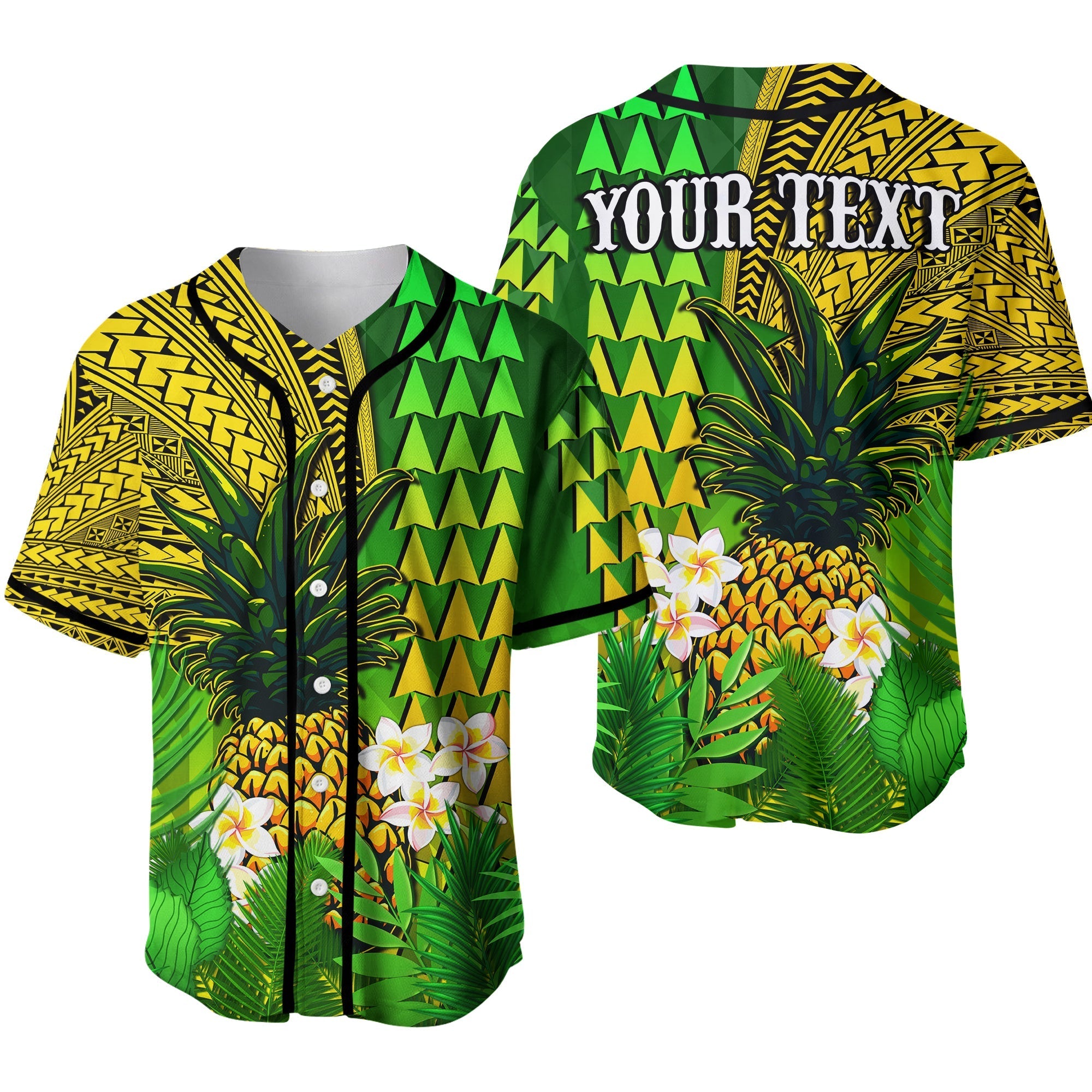 (Custom Personalised) Hawaii Pineapple Baseball Jersey Plumeria Frangipani Mix Tribal Pattern Ver.02 LT13 - Wonder Print Shop