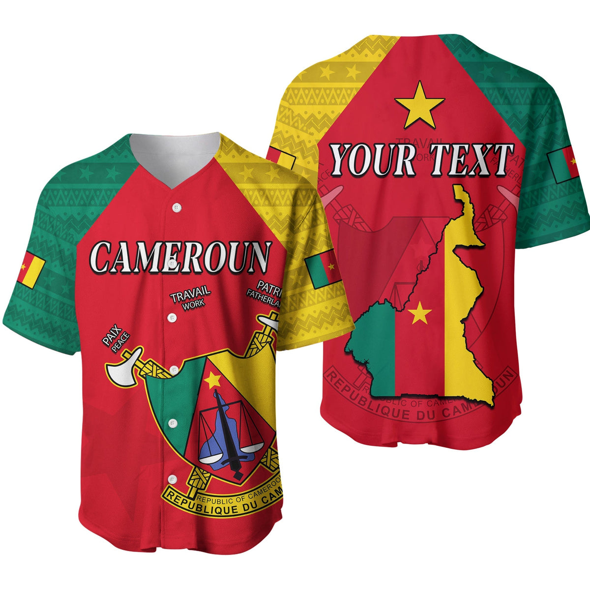 Red Cameroon baseball jersey with green/yellow sleeves, large map graphic and star
