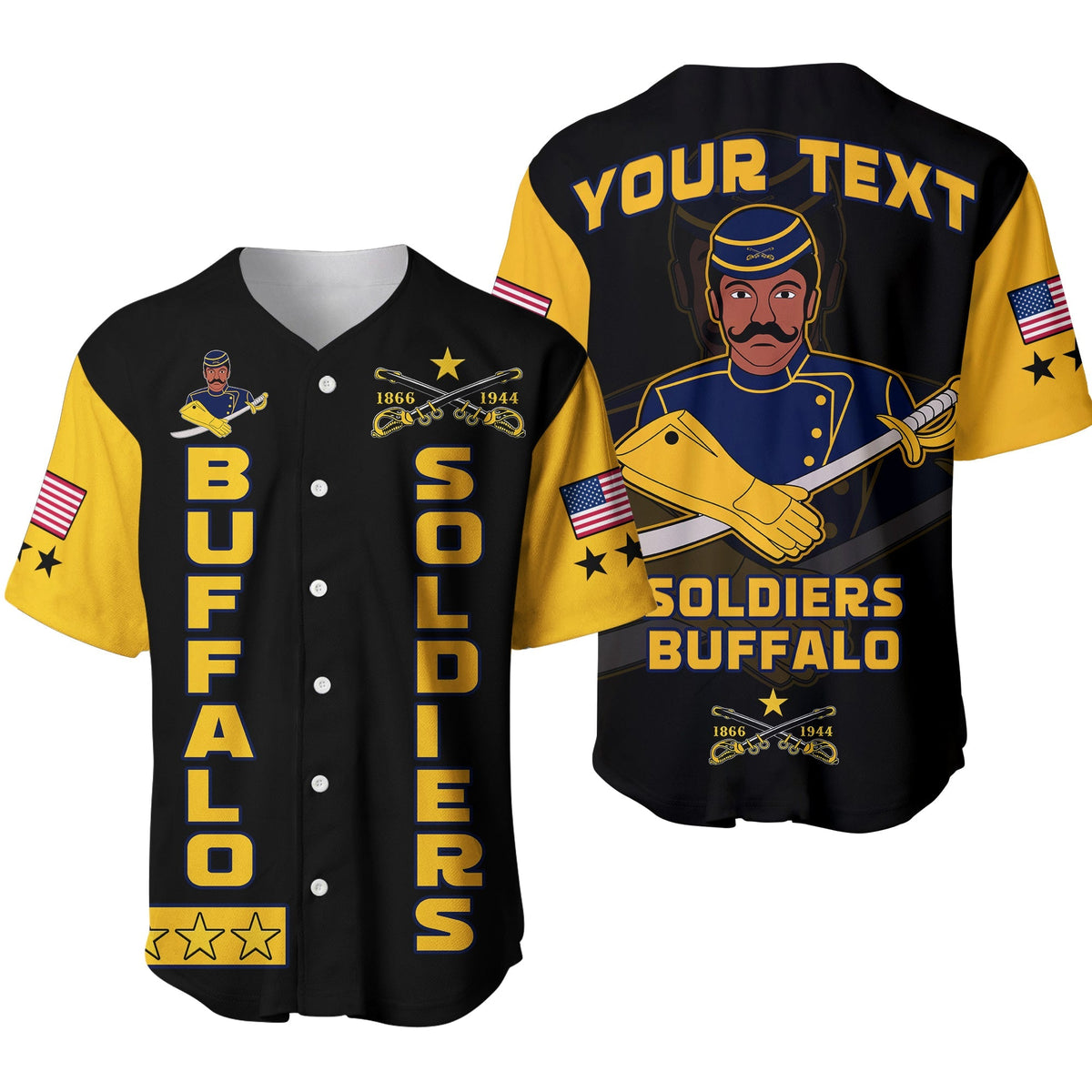 Black and yellow baseball jersey with front button placket and Soldiers Buffalo graphic