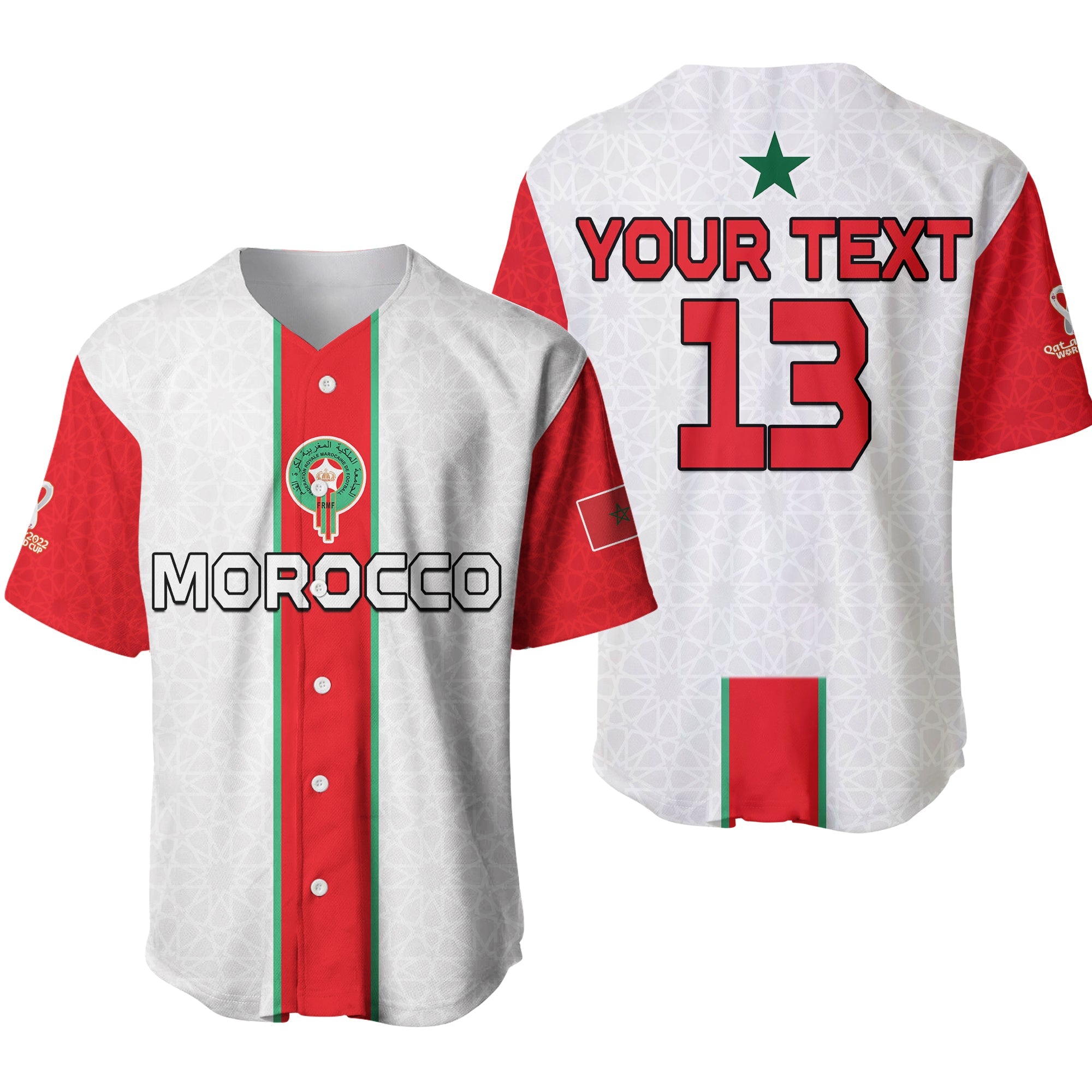 (Custom Text and Number) Morocco Football Baseball Jersey World Cup 2022 Soccer Lions de l'Atlas Champions LT13 - Wonder Print Shop