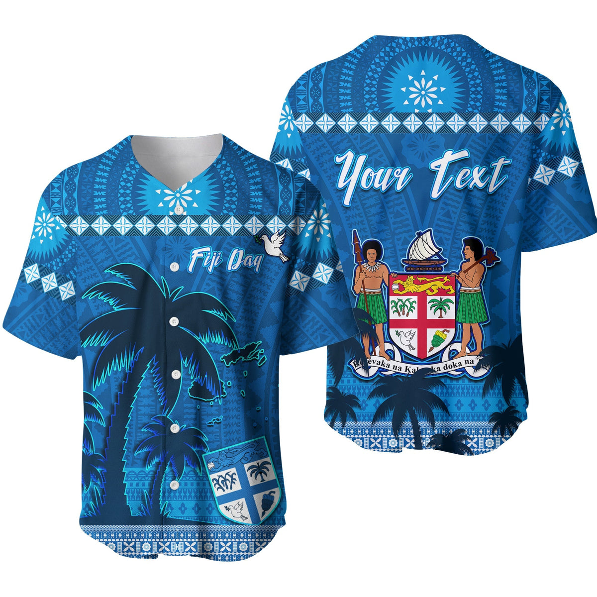 Blue baseball jersey with palm tree print, Fiji Day text, and patterned tapa style borders