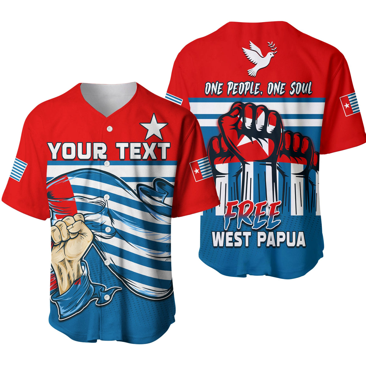 Red baseball jersey with blue striped panel, V-neck, and large West Papua graphic