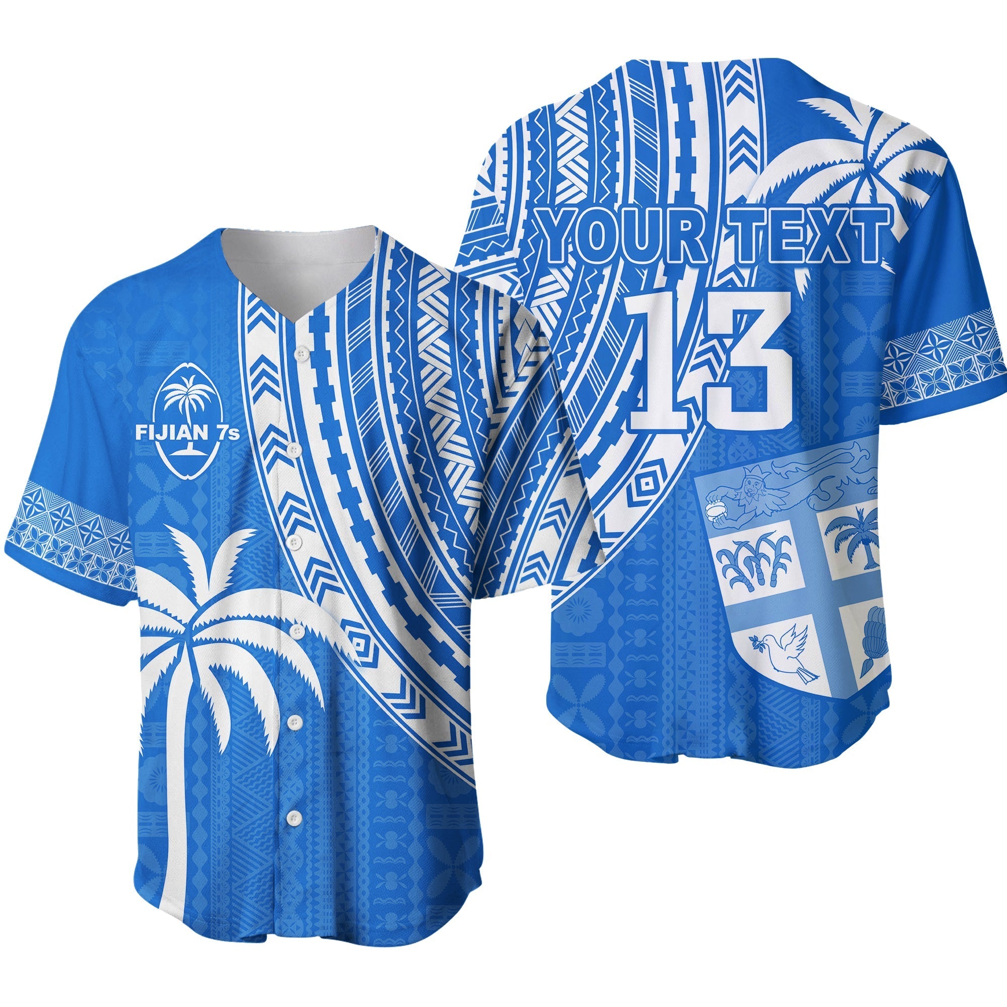 Custom Text and Number Fiji Rugby Sevens Baseball Jersey Fijian 7s Tapa Polynesian Blue Ver.01 LT13 - Wonder Print Shop