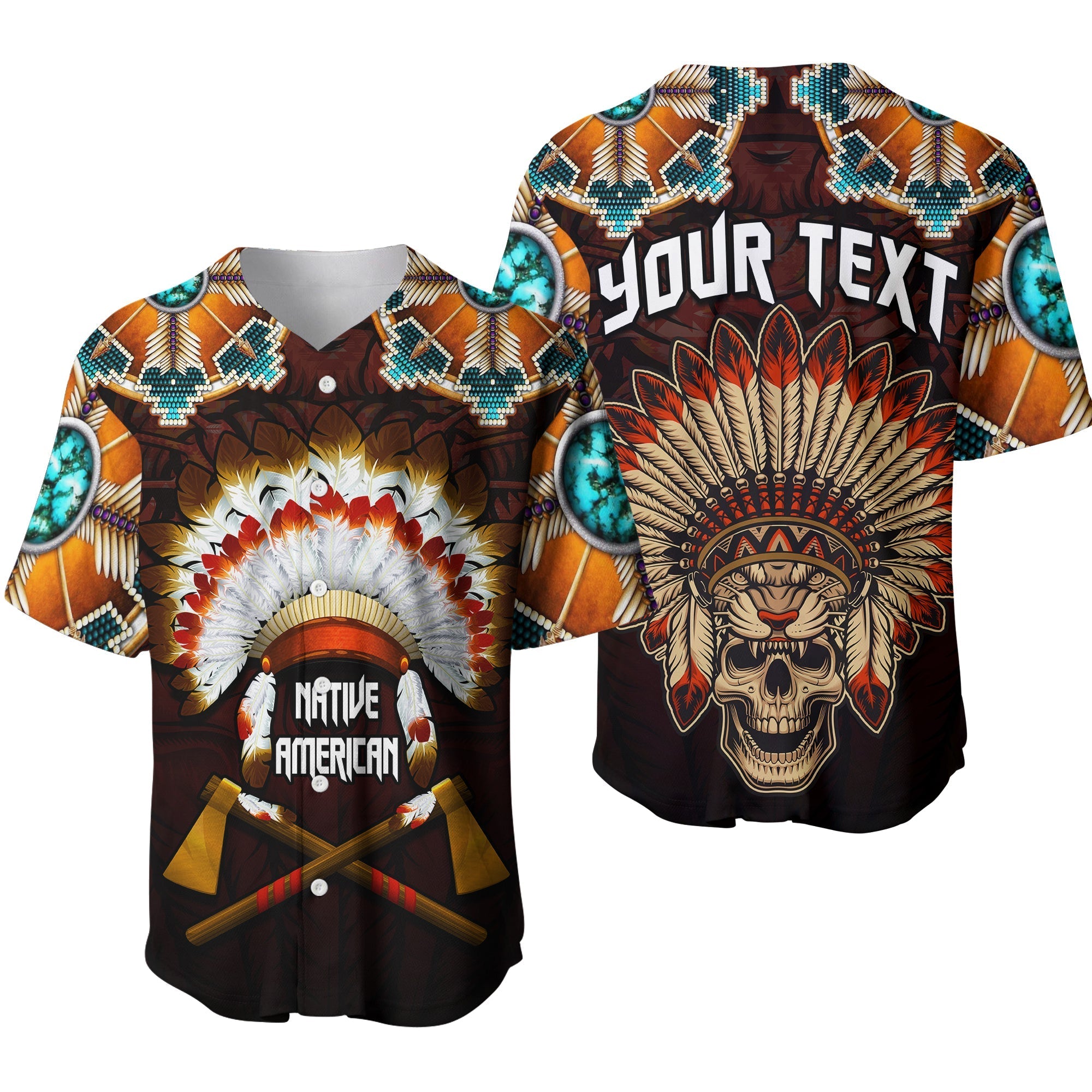 (Custom Personalised) The First Americans Baseball Jersey Indian Headdress With Skull LT13 - Wonder Print Shop