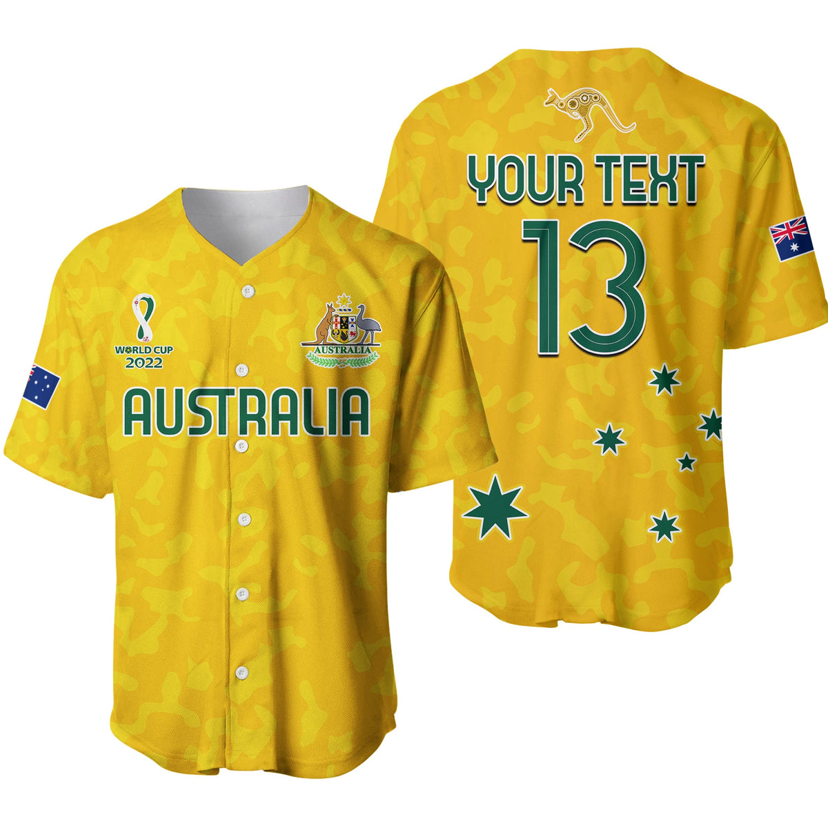 Gold Australia soccer-style baseball jersey with buttons, crest, flags, stars, and custom 13