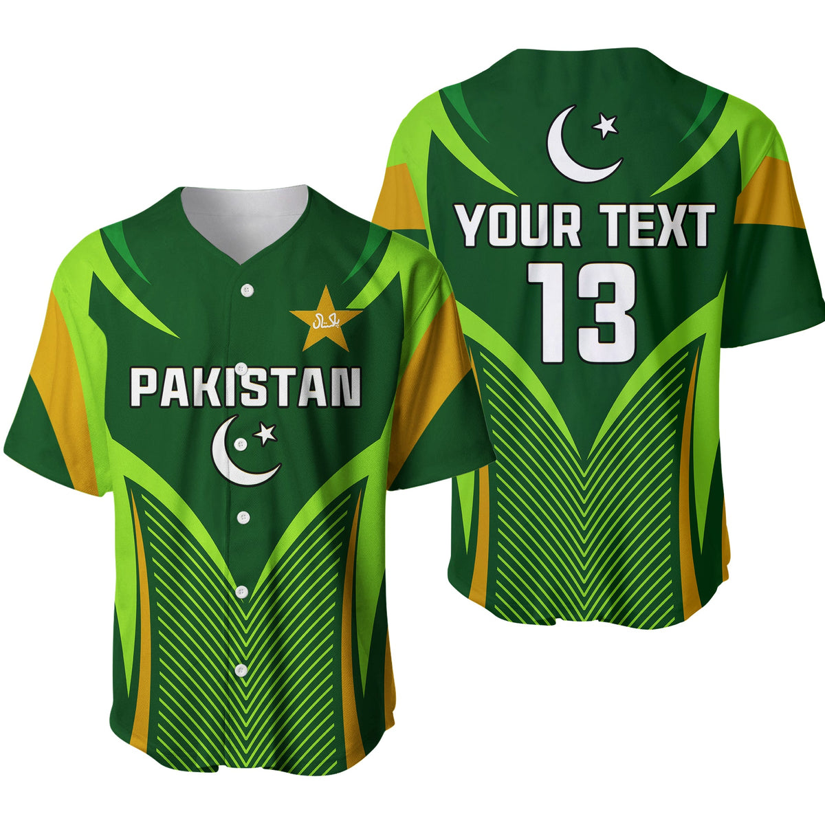 Green cricket baseball jersey set: Pakistan front, crescent-star, button placket, back number 13