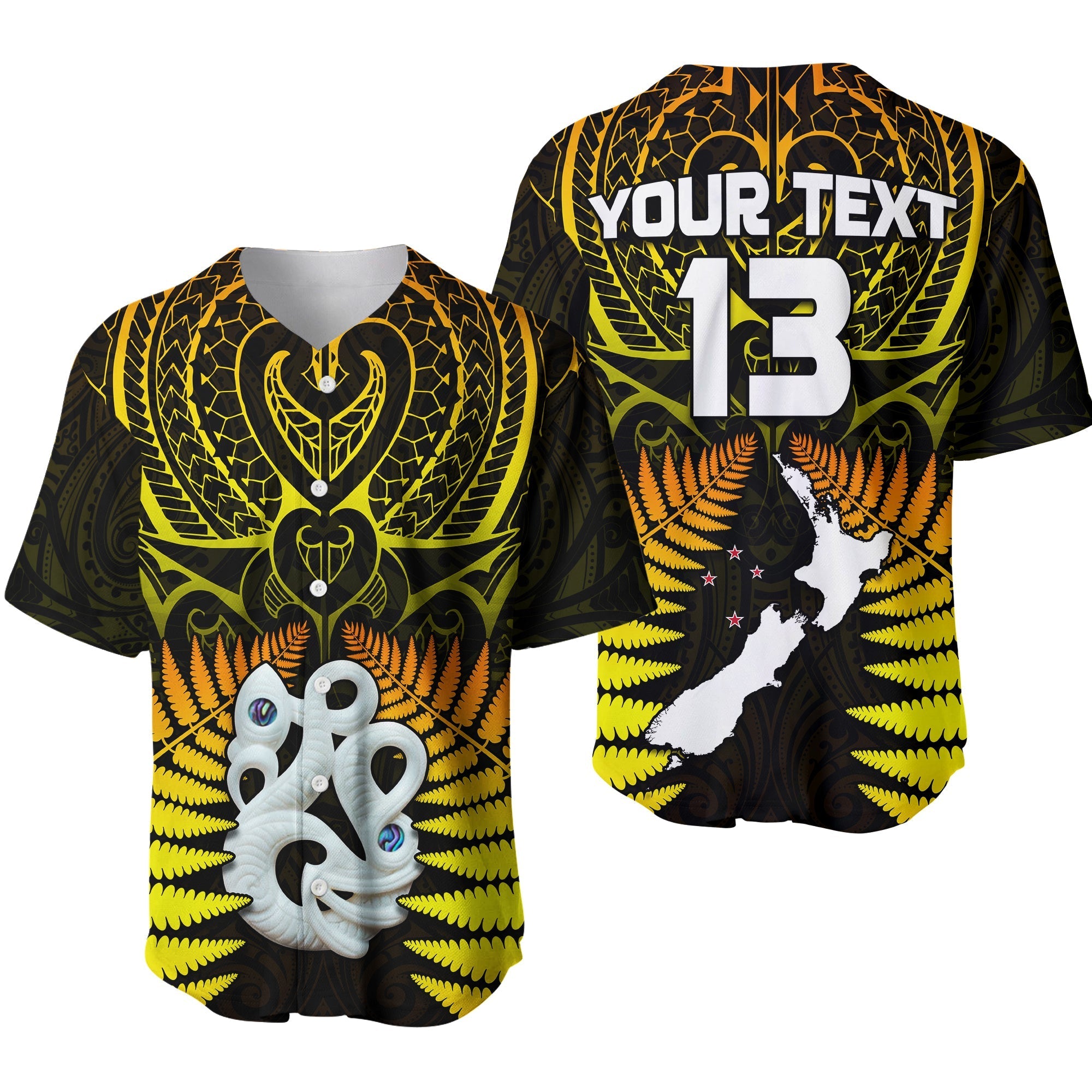 (Custom Text and Number) Aotearoa Fern Baseball Jersey New Zealand Hei Tiki Gold Style LT13 - Wonder Print Shop