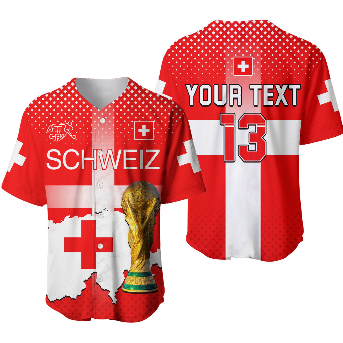 Red Swiss football baseball jersey with white cross stripe, dotted pattern, button front, #13 back