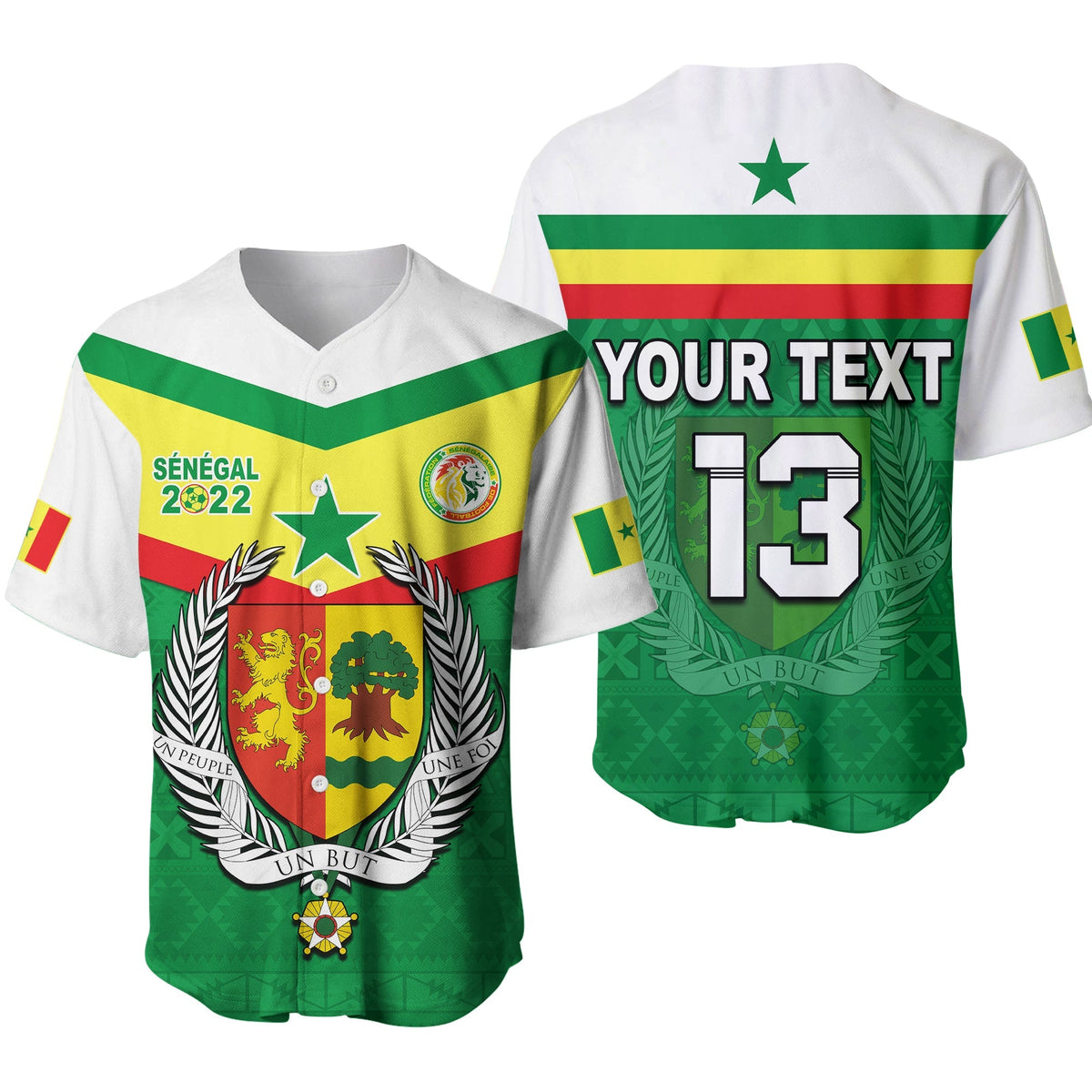 Baseball jersey in green and white with Senegal 2022 crest and lion emblem, back shows 13