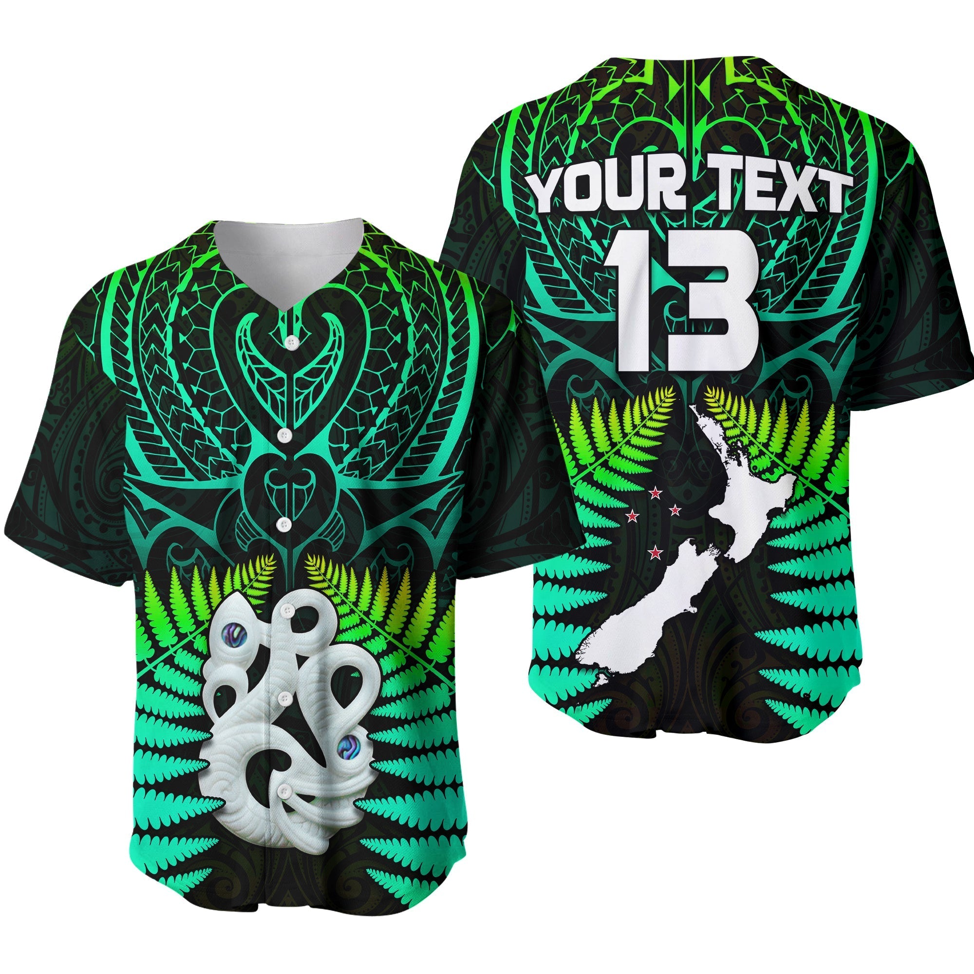 (Custom Text and Number) Aotearoa Fern Baseball Jersey New Zealand Hei Tiki Green Style LT13 - Wonder Print Shop