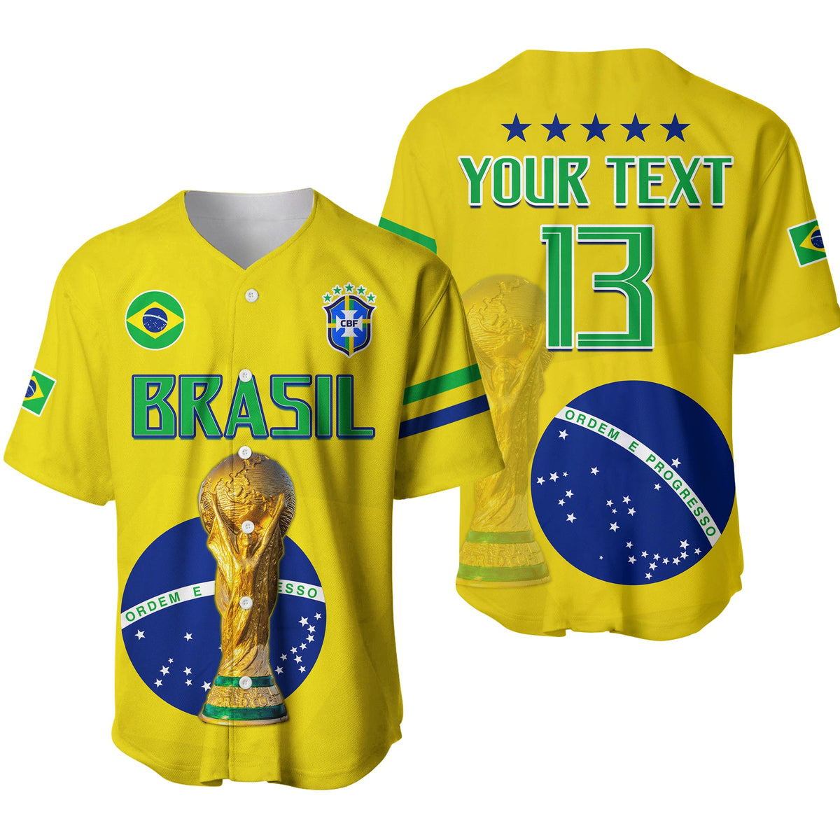 Yellow Brazil football jersey with V-neck, CBF crest, trophy graphic, number 13