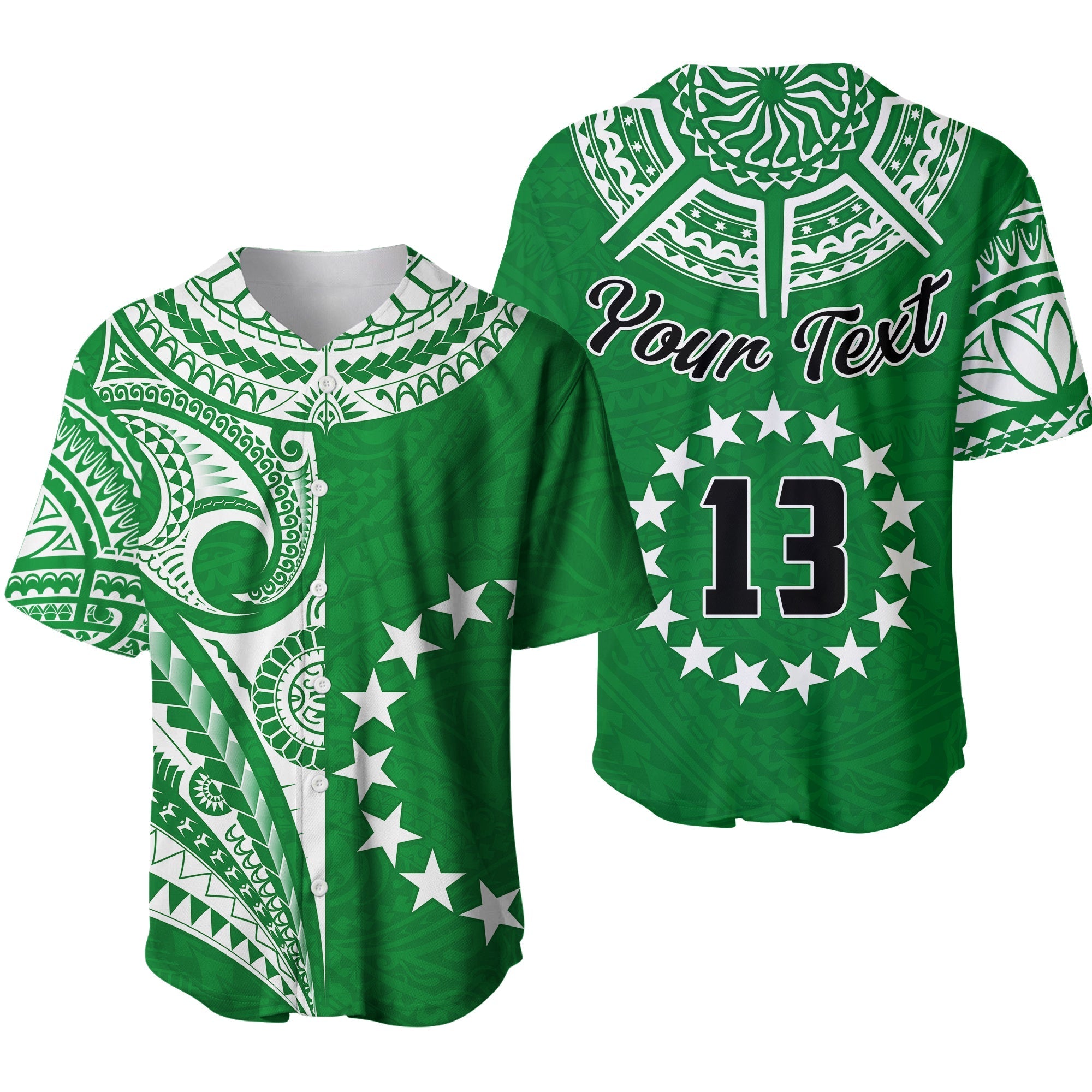 (Custom Text and Number) Cook Islands Tatau Baseball Jersey Symbolize Passion Stars Version Green LT13 - Wonder Print Shop